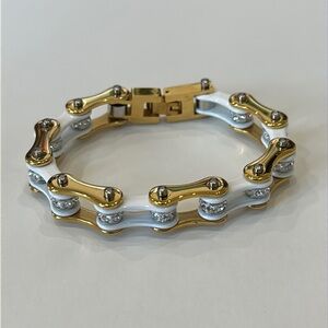 White and Gold Bike Chain Bracelet with Clear Stones